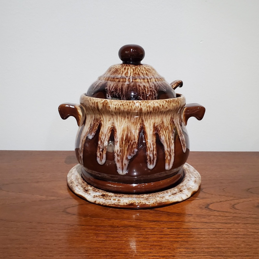 Studio Art Pottery Drip Glaze Lidded Soup Tureen Set with Underplate and Ladle